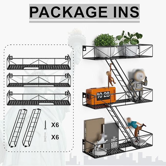 Fire Escape Shelf - 3 Tier Black Fire Escape Wall Shelves with Basket Wall Organizer, New York Metal Decorative Shelves, DIY Floating Action Figurine Display Shelf for Bedroom