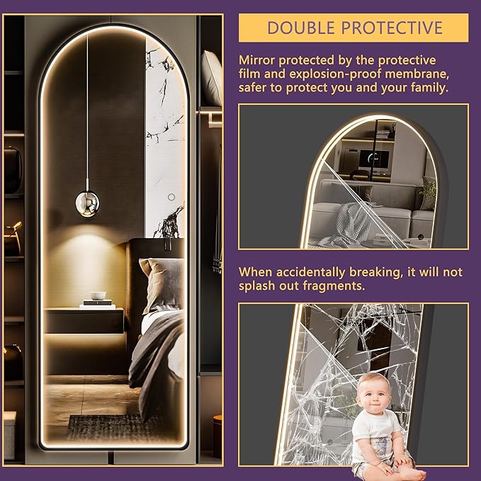 Hasipu Arched Full Length Mirror with Lights, 71" X 28" Lighted Full Body Mirror with Stand, Dimming 3 Colors & Brightness Adjustable, Bedroom Cloakroom Living Room, White Modern Arch Metal Frame