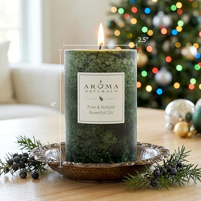 Aroma Naturals Holiday Juniper, Spruce and Basil Essential Oil Pillar Candle, Fresh Forest, 2.5 inch x 4 inch