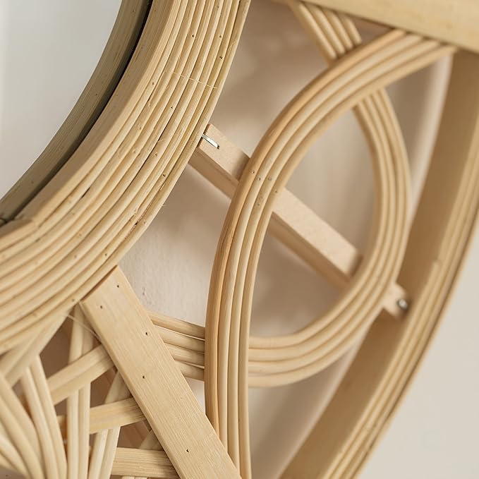 Vintiquewise Boho Bamboo Hanging Wall Mirror, Round Asymmetrical Vintage Rattan Mirror for Wall Decor, Nursery, Living Room, Playroom, Unique Small Coastal Mirror