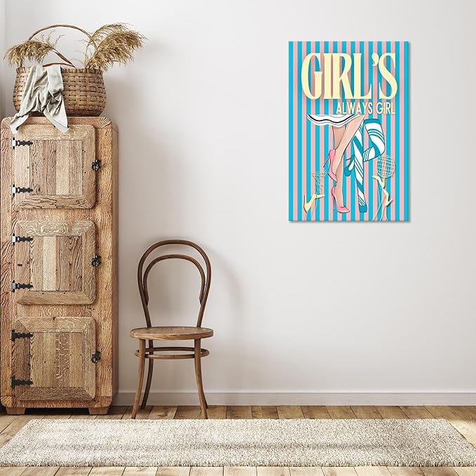 Trendy Always Girls High Heels Poster Funny Cocktail Disco Ball Canvas Wall Art Preppy Blue And Pink Stripes Feminine Girly Prints Painting For Living Room Bedroom Wall Decor 16x24in Wrapped Canvas