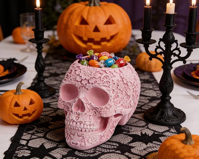 Skull Bowl Decorative Skull Vase Makeup Brush Pen Holder Organizer Dresser Gothic Table Organizer Decoration, Pink Skull Pot Enthusiasts Gifts