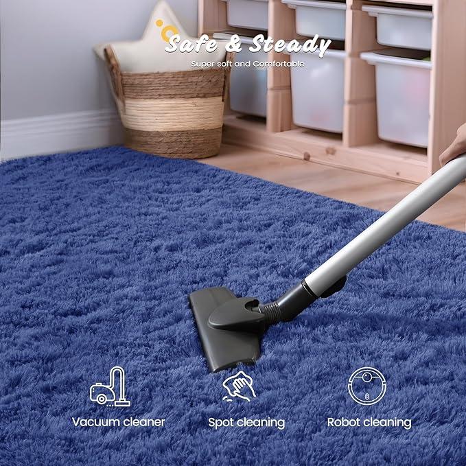 Modern Soft Fluffy Small Shaggy Rug for Bedroom Livingroom Dorm Kids Room Indoor Home Decorative, Non-Slip Plush Furry Fur Area Rugs Comfy Nursery Accent Floor Carpet 5X7 Feet, Light Navy