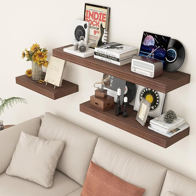 FLYJOE Deep Floating Shelves | 36 Inch Walnut Floating Shelves Set of 2 | 12 Inch Deep Rustic Wood Shelves for Wall | 36" W x 12" D Walnut Shelves for Living Room Bathroom Laundry Room Kitchen