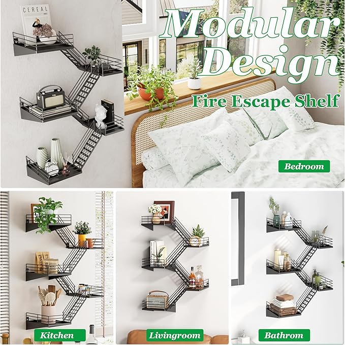 Fire Escape Shelf - 5 Tier Large Metal Black Fire Escape Wall Shelves with Baskets, New York Action Figurine Display Shelf, Unique Rustic Floating Decorative Wall Shelves for Home