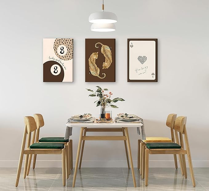 3pcs Framed Trendy Leopard Canvas Wall Art Funky Lucky 8 Ball Posters Prints Preppy Room Aesthetic brown Cheetah Prints Wall Decor Pictures for living room Bedroom Dorm Apartment