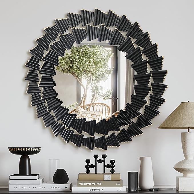 Wall Mirror Decorative, Black Mirrors for Wall Decor, Round Metal Wall Art Mirror, Large Wall Mirrors for Living Room,Bedroom, Bathroom, Entryway, 28 Inch