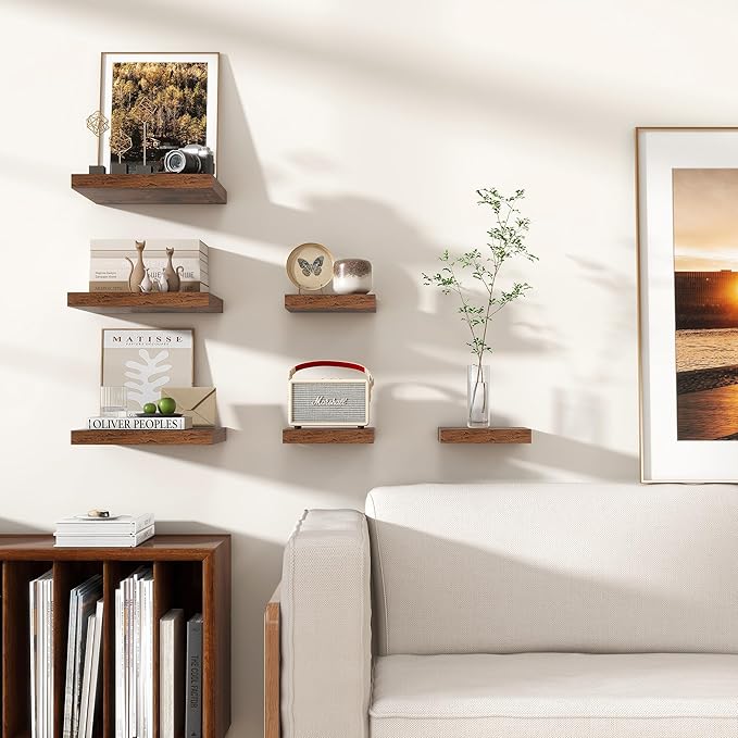 Square Floating Shelves for Wall 12"W x 12"D x 1.2"H, Small Engineered Wood Wall Shelves with Invisible Brackets for Living Room Bedroom Bathroom Office Kitchen Storage Decor, Rustic Brown, Set of 3