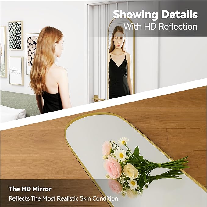 SCWF-GZ 57x16 Door Hanging Full Length Mirror, Floor Stand (Height 5.7ft just Body in1.3ft) / Wall Mounted Metal Frame Arch Dressing Mirrors for Bedroom Living Room 57 inch Gold