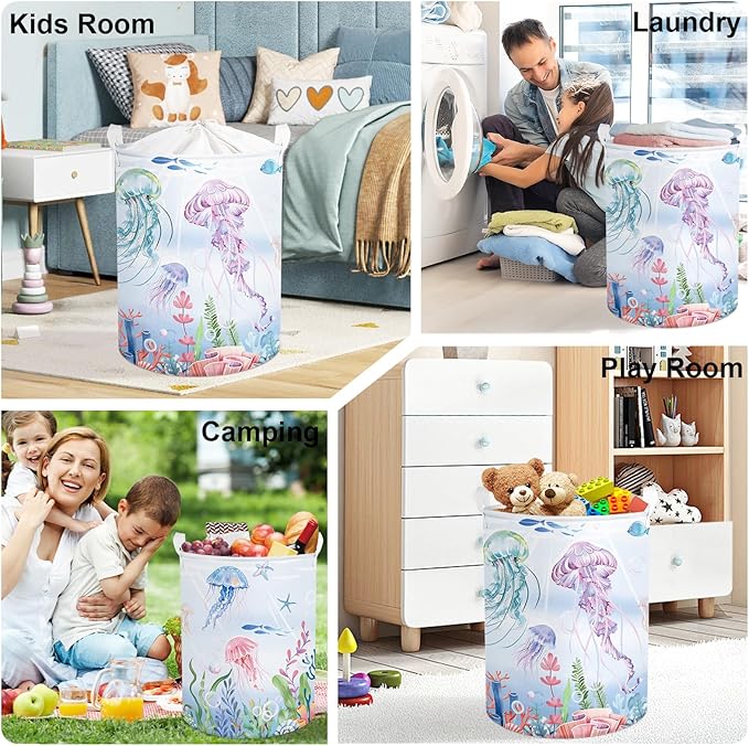 Ocean Animals Baby Laundry Hamper Collapsible Clothes Kids Storage Basket Large Boys Girls Gift Toy Box Bin for Nursery Room, Colorful Jellyfish, 63L