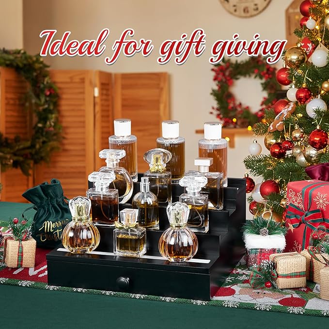 LED-Lighted Cologne Organizer for Men: Multi Lighting Modes Perfume Organizer with APP & Remote Control,4 Tier Wood Perfume Stand with Drawer and Hidden Compartment,Display Riser Shelf-Gift for Men