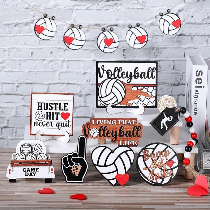 13 Pcs Volleyball Tiered Tray Decor Wooden Volleyball Table Centerpieces Decor Rustic Wooden Sport Game Sign for Fans Theme Party Supplies
