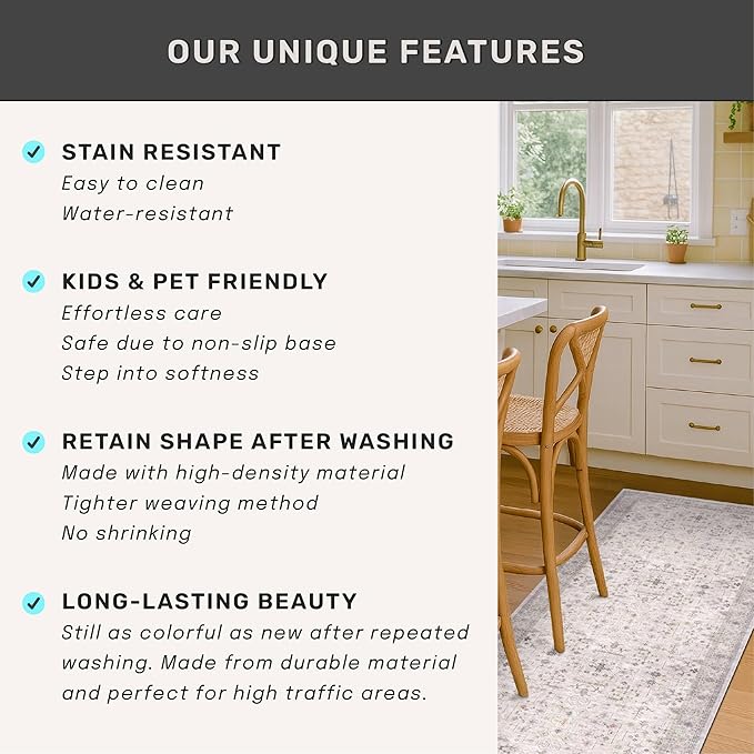 Hazo Haus Boho Light Grey Living Room Rug 7x9 - Modern Eclectic Floral Paste Neutral Taupe, Washable Low Pile Non-Slip Large Area Rugs for Dining Under Table, Bedroom Under Bed