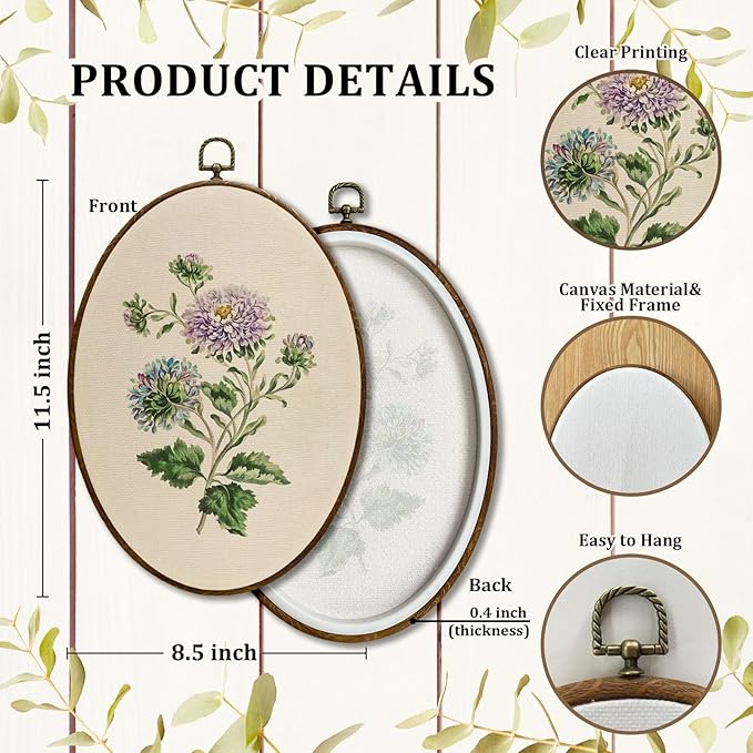 JQF Vintage Purple Aster Floral Oval Wall Decor, Cottagecore Floral Oval Canvas Wall Art, Neutral Antique Botanical Flower Framed Prints Hanging Decor for Home Bedroom Living Room, 8.5x11.5 Inch