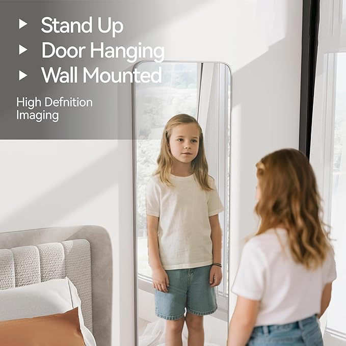 SCWF-GZ 57x20 Door Hanging Full Length Mirror, Floor Stand (Height 5.7ft just Body in1.3ft) Wall Mounted Metal Frame Rectangle Dressing Mirrors for Bedroom Room 57 inch Silver