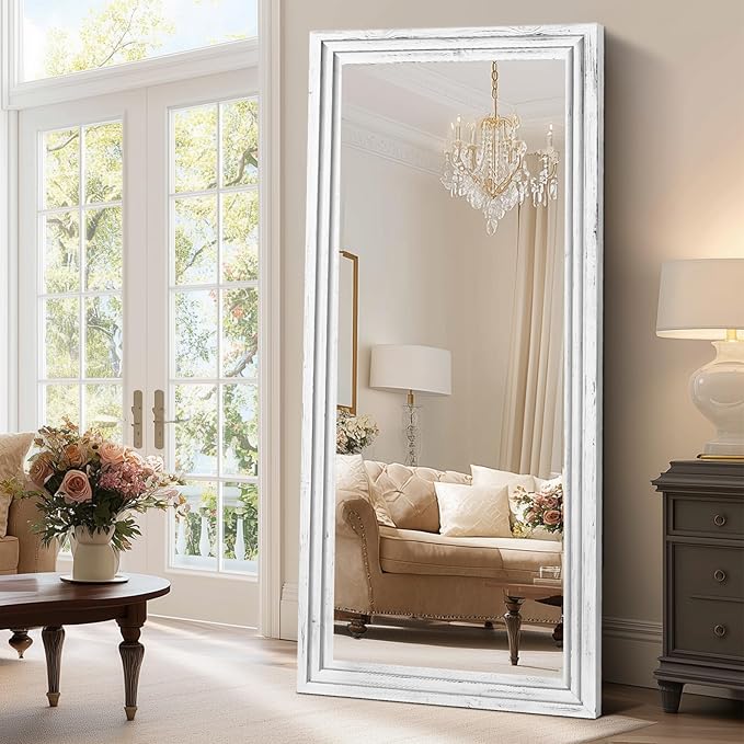 Full Length Wood Mirror 71x30 - Rustic Solid Wood Floor Mirror with Triple Layer Frame, HD Tempered Glass, Wall Mounted or Leaning Standing Mirror Vintage White Mirror for Bedroom Bathroom Living Room