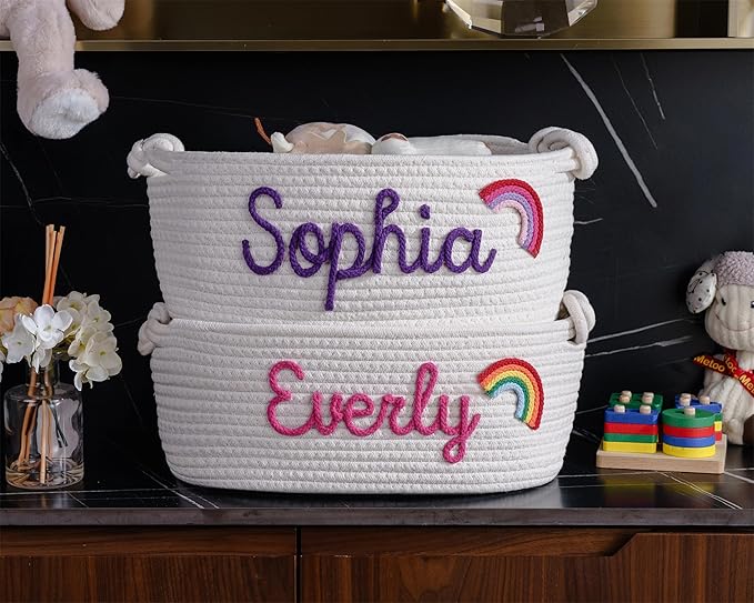 JUPPE Custom Baby Shower Basket, Personzlized Basket with Baby Name, Baby Boy Girl Storage Organizer Cotton Rope Nursery Decor Newborn Gift (style 1) (Style 4)