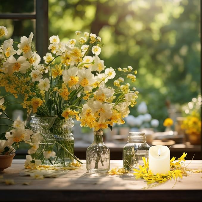 Daifunli 2 Pcs Spring Forsythia Candle Rings Artificial Forsythia Farmhouse Wreaths for Pillar 3.9 Inch Candles Holder for Spring Summer Rustic Table Centerpiece Decor