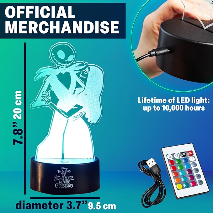 Get Trend Nightmare Before Christmas 3D Illusion Night Light for Kids, Jack & Sally, 16 Colors, 4 Lighting Modes, Dimmable, LED Desk Lamp, Bedroom Decor, Halloween Gifts (Multi NMBC Jack Sally)