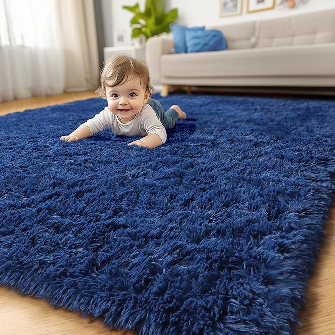 Amdrebio Navy Blue Area Rugs 8x10 for Living Room Boys Bedroom, Large Shag Fluffy Furry Plush Rug for Baby Kids Room Decor Aesthetic, Cool Royal Dark Blue Carpet for Nursery Classroom Dorm Playroom