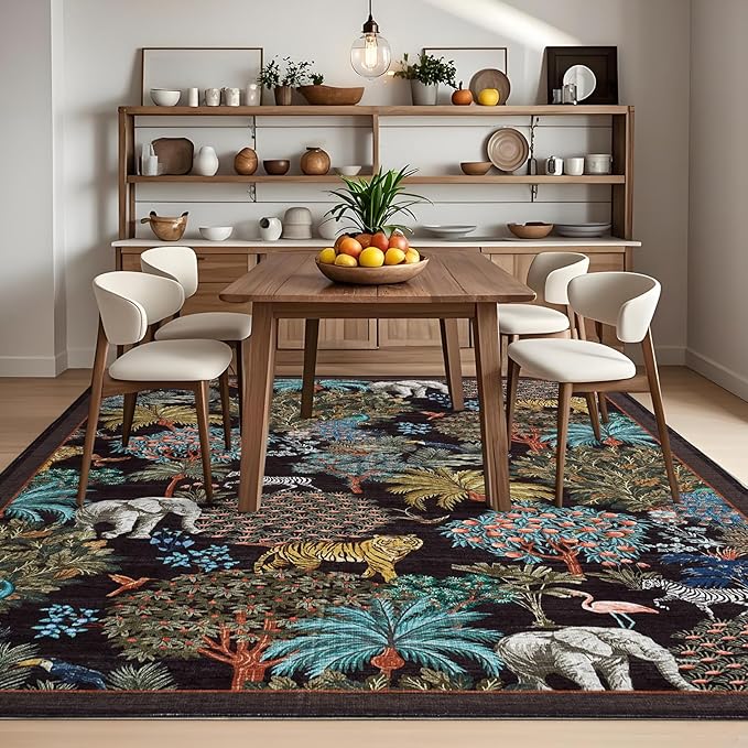 GarveeHome Jungle Washable Rug 9x12 Area Rugs for Living Room Bedroom, Animal Print Rug Non Slip Low Pile Forest Stain Resistance Large Throw Carpet for Dining Room Kids Playroom Nursery, Black