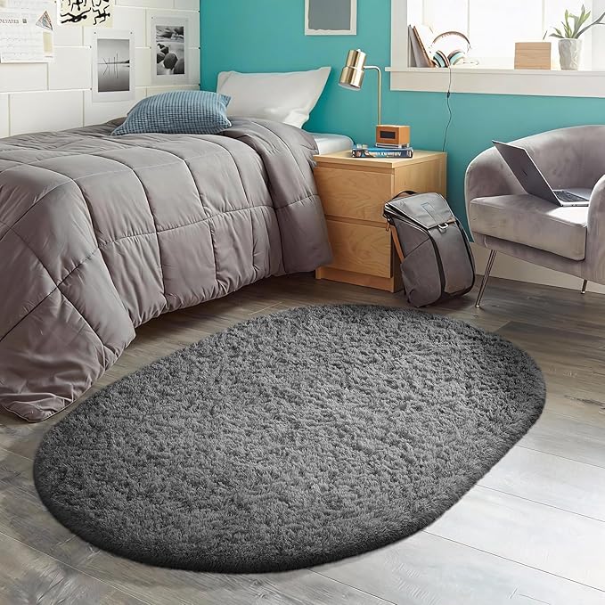 Ophanie 3x5 Grey Oval Rugs for Bedroom Living Room, Gray Small Fluffy Fuzzy Carpet, Plush Soft Shaggy Bedside Indoor Floor Area Rug for Kids Girls Boys Baby Teen Dorm College Home Decor Aesthetic
