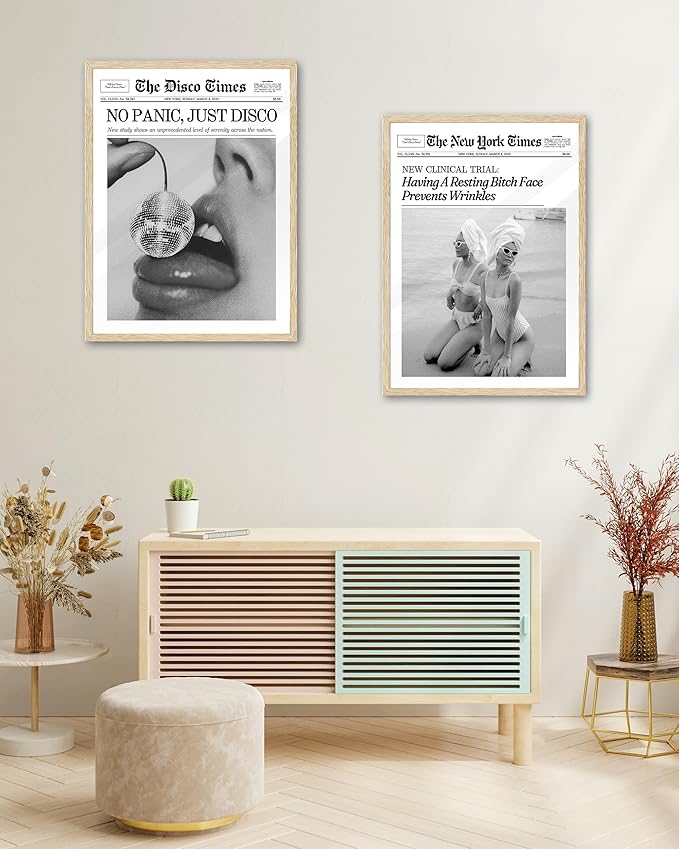 iHery No Panic Just Disco Framed Trendy NewsPaper Wall Art,Beige OAK Wood 12x16in Canvas Bedroom Wall Art, Cherry Disco Ball Headline Poster,Magazine Wall Decor For Dorm Living Room Home 1Pack