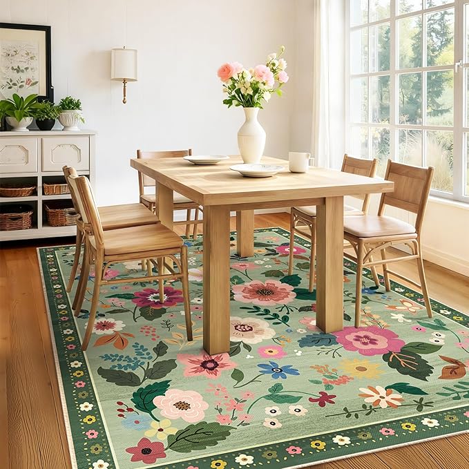 RELEANY Floral Nursery 6x9 Area Rugs Washable Print Boho Cute Carpet Non Slip Flower Low Pile for Living Room Kids Girls Playroom Bedroom Kitchen Office Farmhouse-Light Green