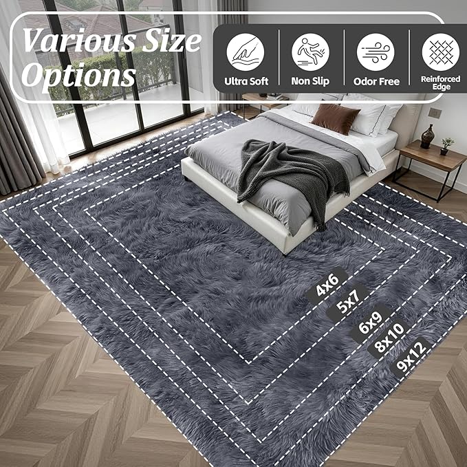 6x9 Area Rugs for Living Room Bedroom: Ultra Soft Fluffy Shag Rug Upgrade Non-Slip Non-Shedding Large Fuzzy Plush Carpet Indoor Floor Carpets for Kids Room Playroom Nursery Dorms Home Decor Grey