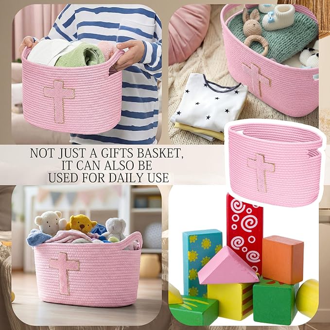 Sliner Baptisms Gifts Basket with Handles, Baptisms Cross Design Cotton Rope Basket Gifts Stuffers Storage for Christenings First Communions Religious Occasions, 15 x 10 x 9 Inch(Pink)