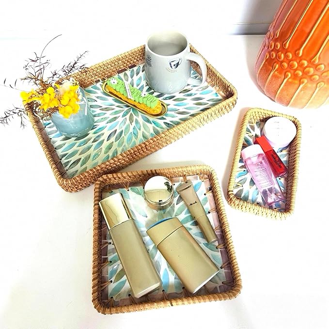 i-lan Set of 3 15" Rectangular Rattan and Blue Mother of Pearl Serving Tray,Boho Rectangule Natural Rattan Woven Trays,Natural Wicker Decorative Serving Baskets for Entryway Kitchen Bathroom Counter