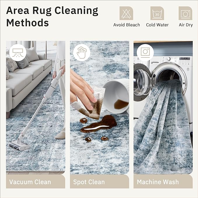 Soalmost 7x9 Area Rug for Living Room Washable Abstract Vintage Soft Thin Indoor Floor Non-Slip Carpet for Bedroom Dining Room Blue Grey