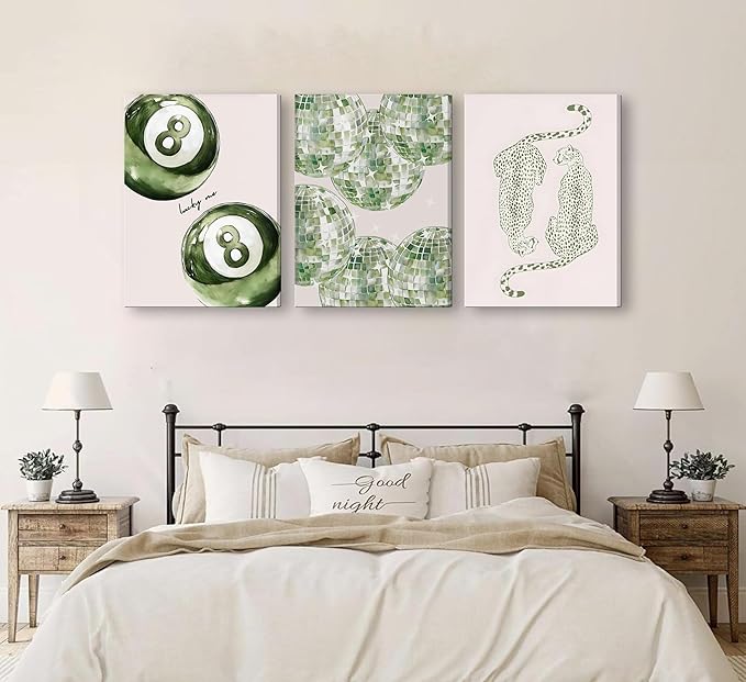 3Pcs Framed Trendy Leopard Disco Ball Canvas Wall Art Sage Green Lucky Poster Prints Preppy Ace Cards Wall Decor pictures for Girly Bedroom Apartment Dorm Decoration