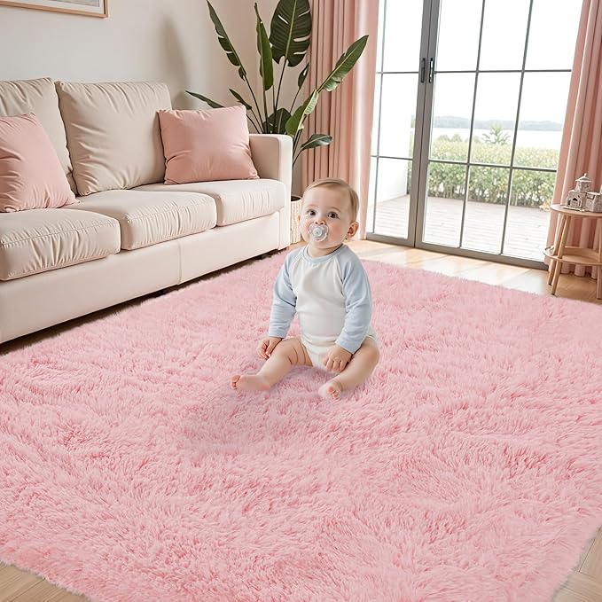 Fluffy Pink Area Rug for Bedroom Living Room Soft 8x10 Fuzzy Washable Rugs Non-Shedding Indoor Plush Rug for Nursery Kids Room Dorm Room Home Decor, High Pile Shaggy Floor Carpets(Dark Pink 8'x10')
