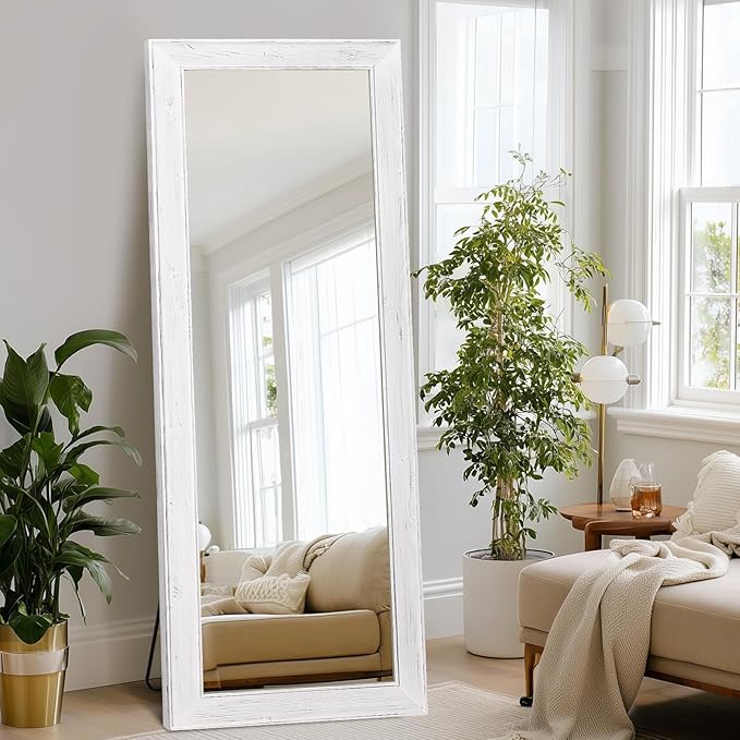 Full Length Mirror 65"x24" - Beveled Edge Rustic White Dressing Mirror, Solid Wood Frame, Wall Mounted or Standing for Bedroom, Entryway, Living Room