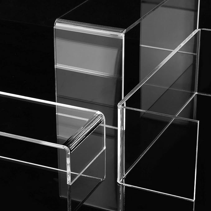 ANDGOO Large Acrylic Display Risers, 2 Sets(11.2”L~11.6”L~12”L) Clear Rectangular Showcase Collectibles Display Shelf, Retail Desktop Risers Display Stand for Organize and Decoration