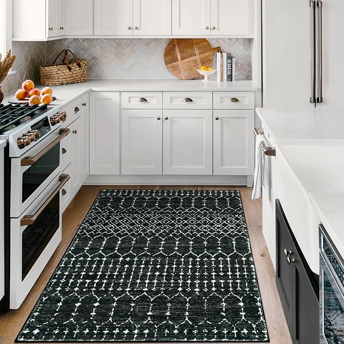 Lahome Moroccan Black Area Rug for Living Room 3x5 Non-Slip Washable Stain Resistant Large Kitchen Rugs Throw Low-Profile Soft Bedroom Carpet Geometric Print Rug for Entryway Dining Room Hana