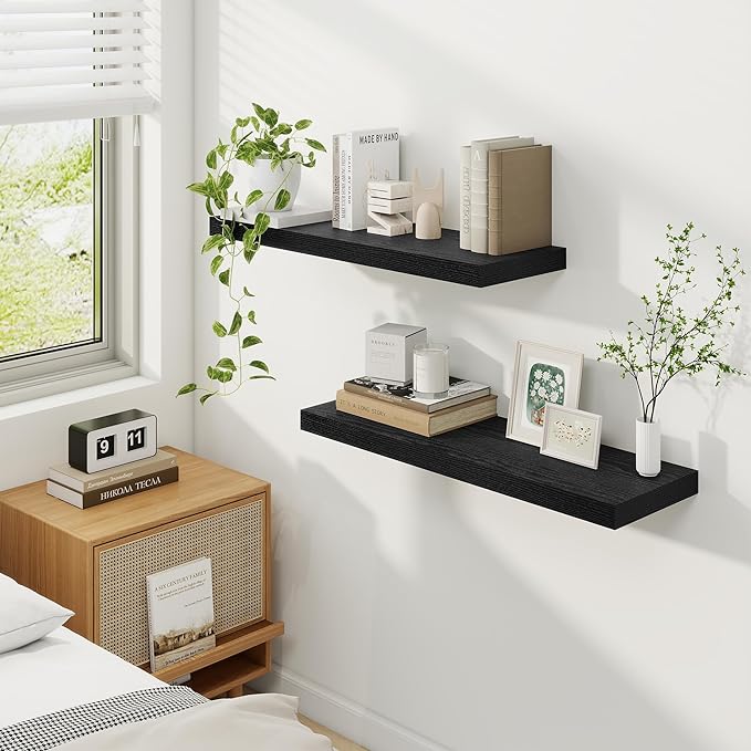 Fun Memories 9.3Inch Deep Floating Shelves for Wall, 30 Inch Rustic Wood Wall Mounted Shelves for Bathroom, Bedroom, Kitchen, Deep Floating Shelf for Storage & Home Decor (Black, Set of 2)