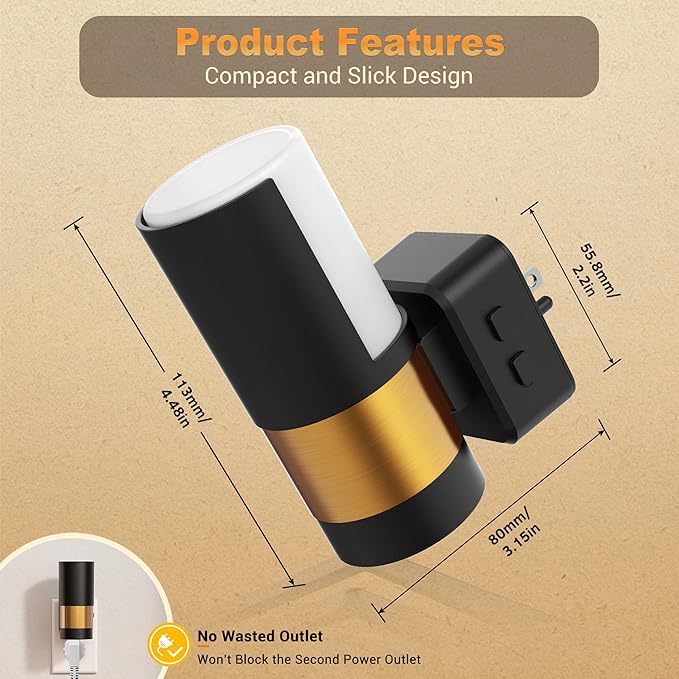 JandCase Plug in Night Light, Rotating Night Light with 3 Colors, 3000K/5000K/Amber, Dimmable Night Lights with Dusk to Dawn Sensor, 360°Rotatable, LED Nightlight for Bathroom Bedroom Hallway, 2 Pack