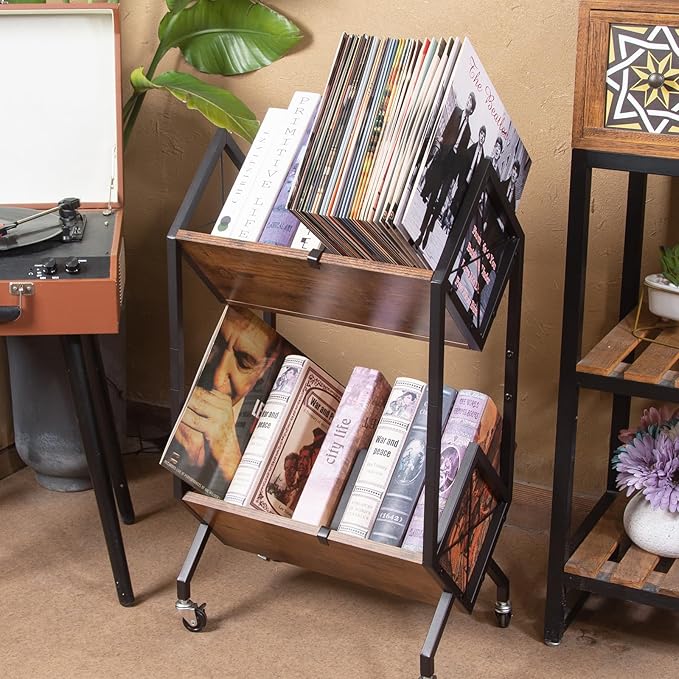 SwaaVee Vinyl Record Storage Holder with Wheels, 2-Tier Record Holder 160-200 LP with Dividers, Retro Style Quick Assembly Vinyl Record Display for Albums, Magazine, Book, Files(2 Tier- Rustic Brown)