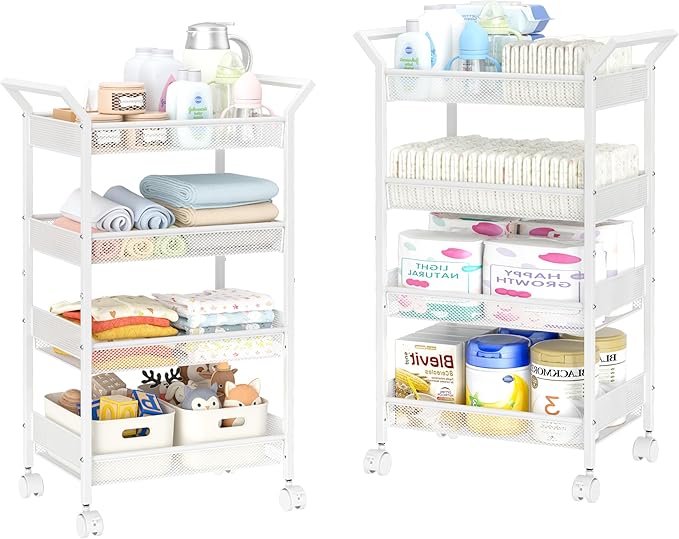 2 Pack Baby Diaper Caddy Cart, 4-Tier Diaper Caddy Organizer and Storage, Rolling Utility Cart for Baby Supplies, Diaper Cart with Wheels for Bedroom, Nursery, Changing Table, White