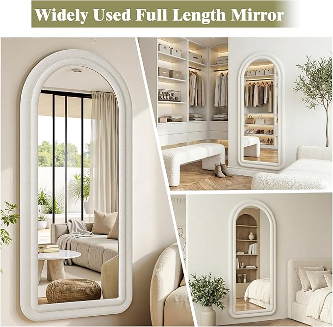 Koonmi 56"x24" Full Length Mirror, Flannel Wall Mirrors, Velvet Arched Full Body Mirror with Stand, Hanging or Leaning Against Wall for Bedroom Living Room, White