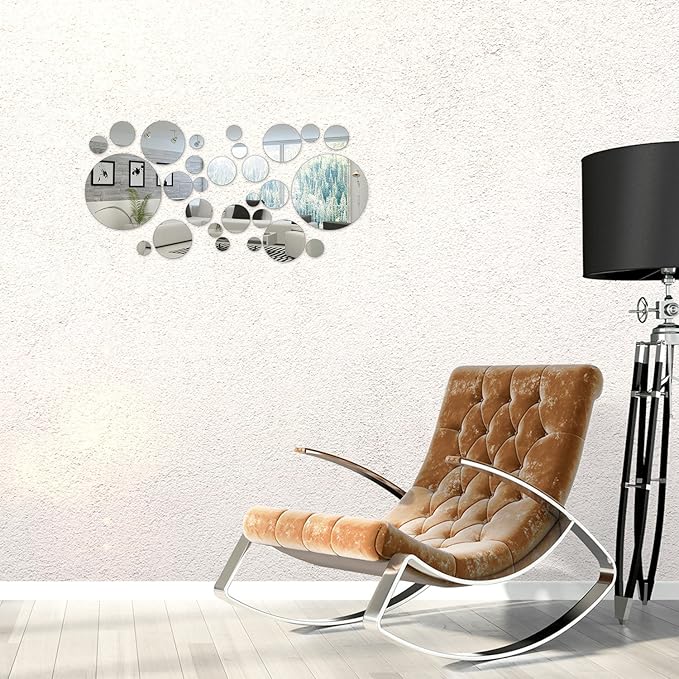 32 Pieces Removable Acrylic Mirror Setting Wall Sticker Decal for Home Living Room Bedroom Decor (Round Circle, 32 Pieces)