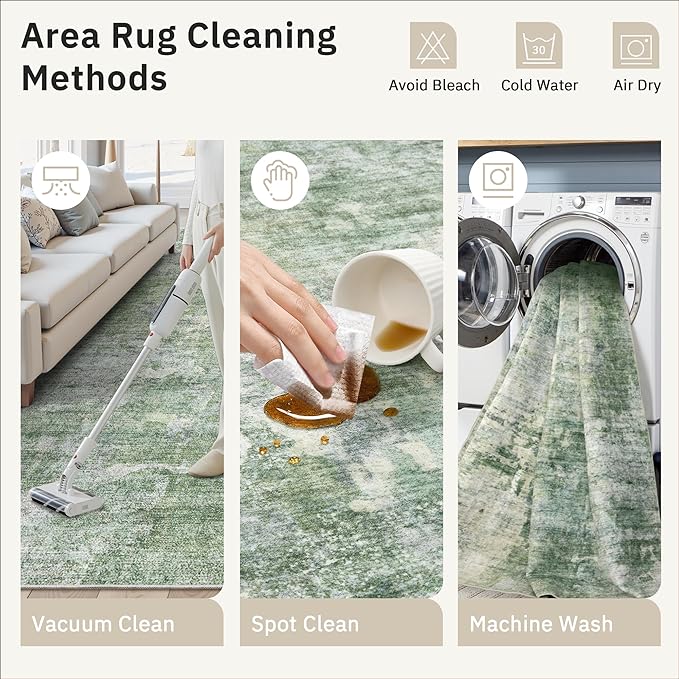 Soalmost 10x14 Area Rugs for Living Room, Non Slip Machine Washable Vintage Rugs, Low Pile Lightweight Large Rug for Bedroom, Dining Room, Home Office Green/Ivory