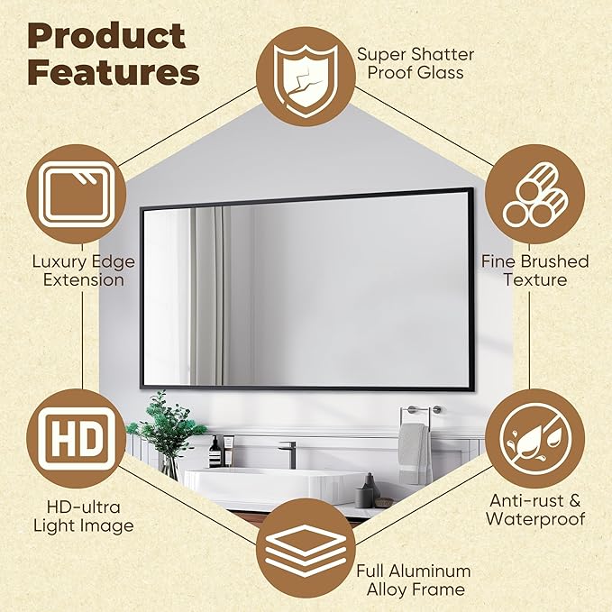 Antok 60x36 Black Metal Framed Bathroom Mirror, Wall Mirror with Rect Corners, Vanity Mirror for Over Sink, Anti-Rust Tempered Glass, Horizontal/Vertical Hanging for Bathroom, Living Room, Entryway