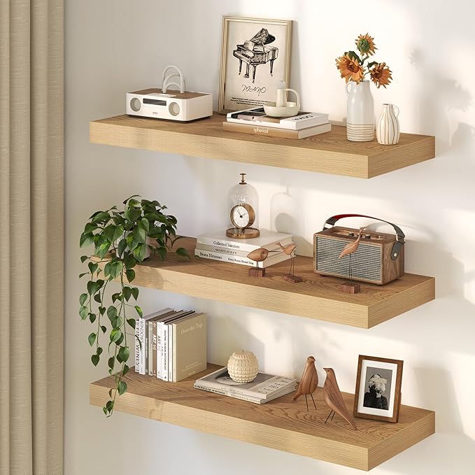 32Inch Oak Floating Shelves for Wall, 12 Inch Deep Shelves for Bedroom, Kitchen, Bathroom Wall Mounted, Rustic Wood Floating Shelf with Invisible Brackets for Books, Storage, Decor, 2 Packs