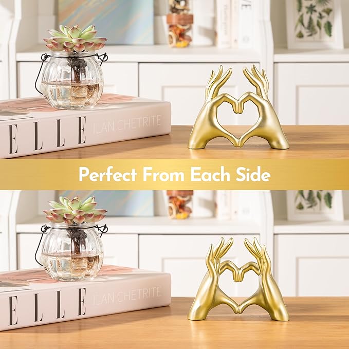 Gold Decor Living Room - Small Shelf Decor Aesthetic - Heart Hands Sculpture - Teen Girls Bedroom Knick Knacks - Cute Home Shelves Accent - Table Statue Love Decorations Gift (Gold (Open Hand), Small)