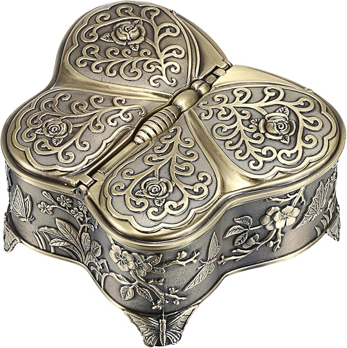 Hipiwe Antique Metal Jewelry Box Butterfly Shape Jewelry Storage Organizer Vintage Trinket Box Treasure Chest for Ring Earrings Necklace Decorative Keepsakes Box, Bronze, Large