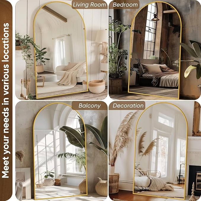 Antok Arched Full Length Mirror, 76"x44" Gold Metal Frame Floor Mirror for Bedroom Living Room, Freestanding/Wall Mount/Leaning