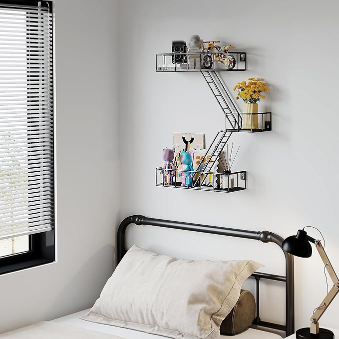 Fire Escape Shelf - 3 Tier Metal Black Fire Escape Wall Shelves with Baskets, New York Action Figurine Display Shelf, Unique Rustic Floating Decorative Wall Shelves for Any Room